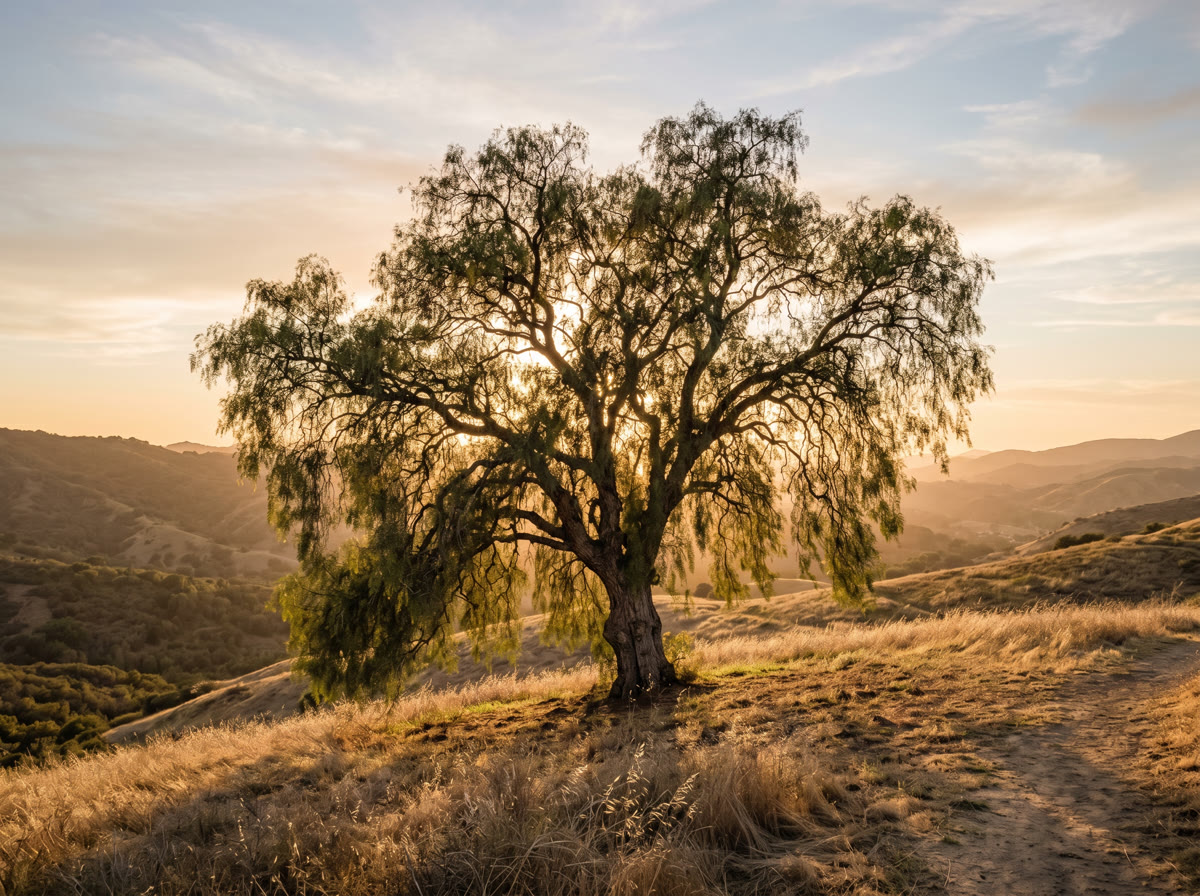 California pepper tree with lush canopy against warm golden light, symbolizing growth and deep roots